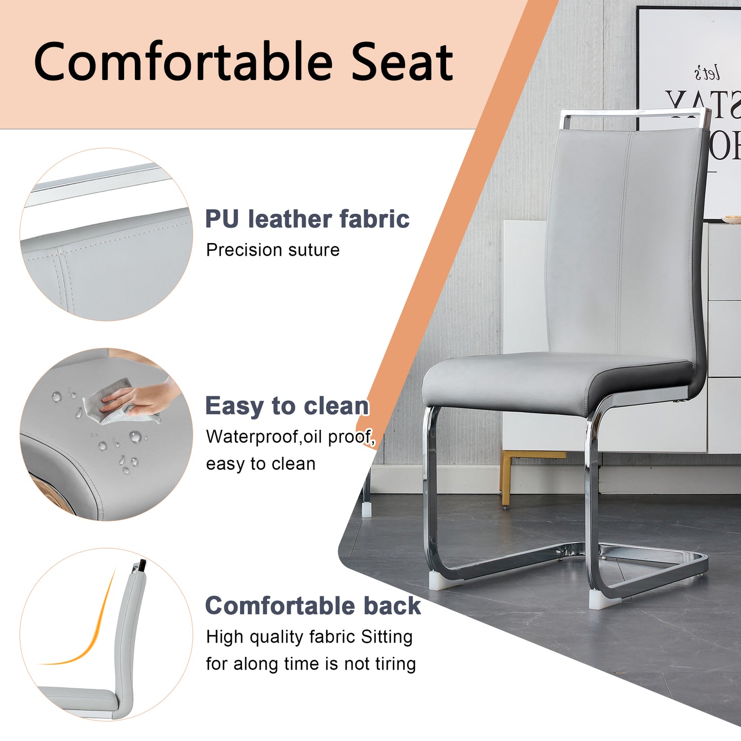 Modern grey PU leather dining chair with chrome cantilever base