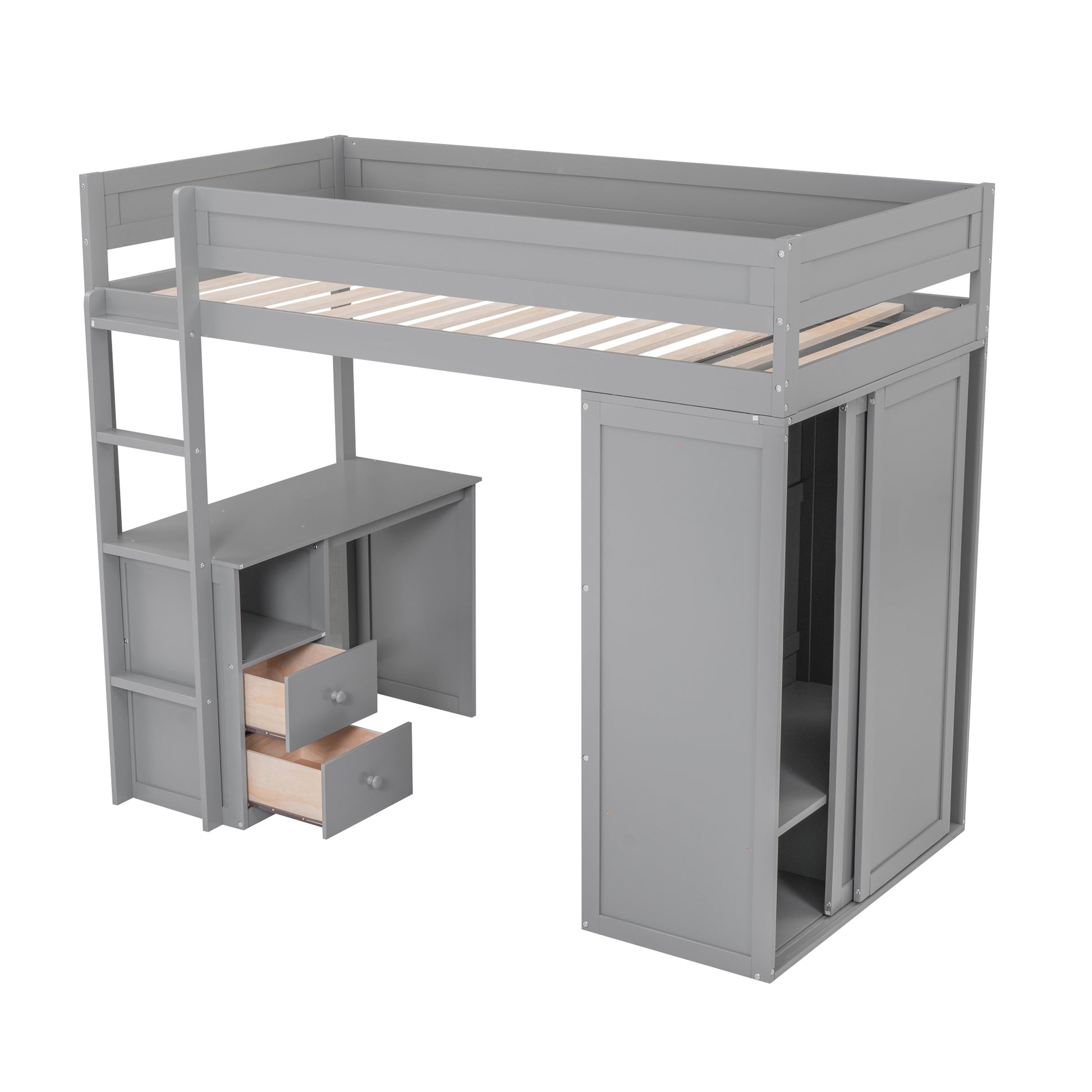 Gray loft bed with desk and sliding door wardrobe