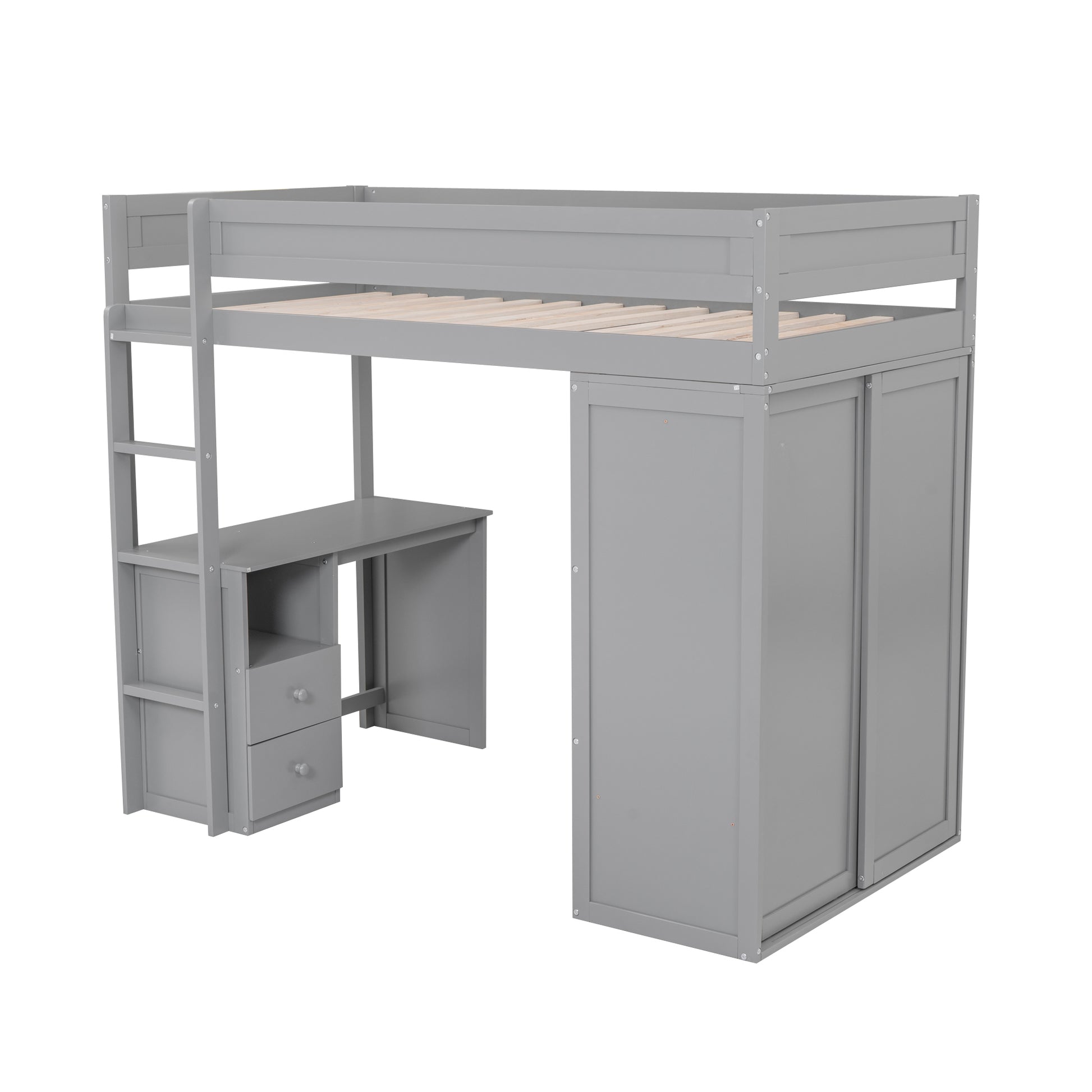 Gray loft bed with integrated desk and sliding door wardrobe