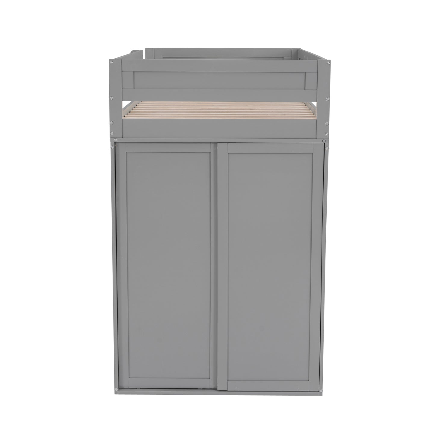 Gray loft bed frame with integrated closet doors