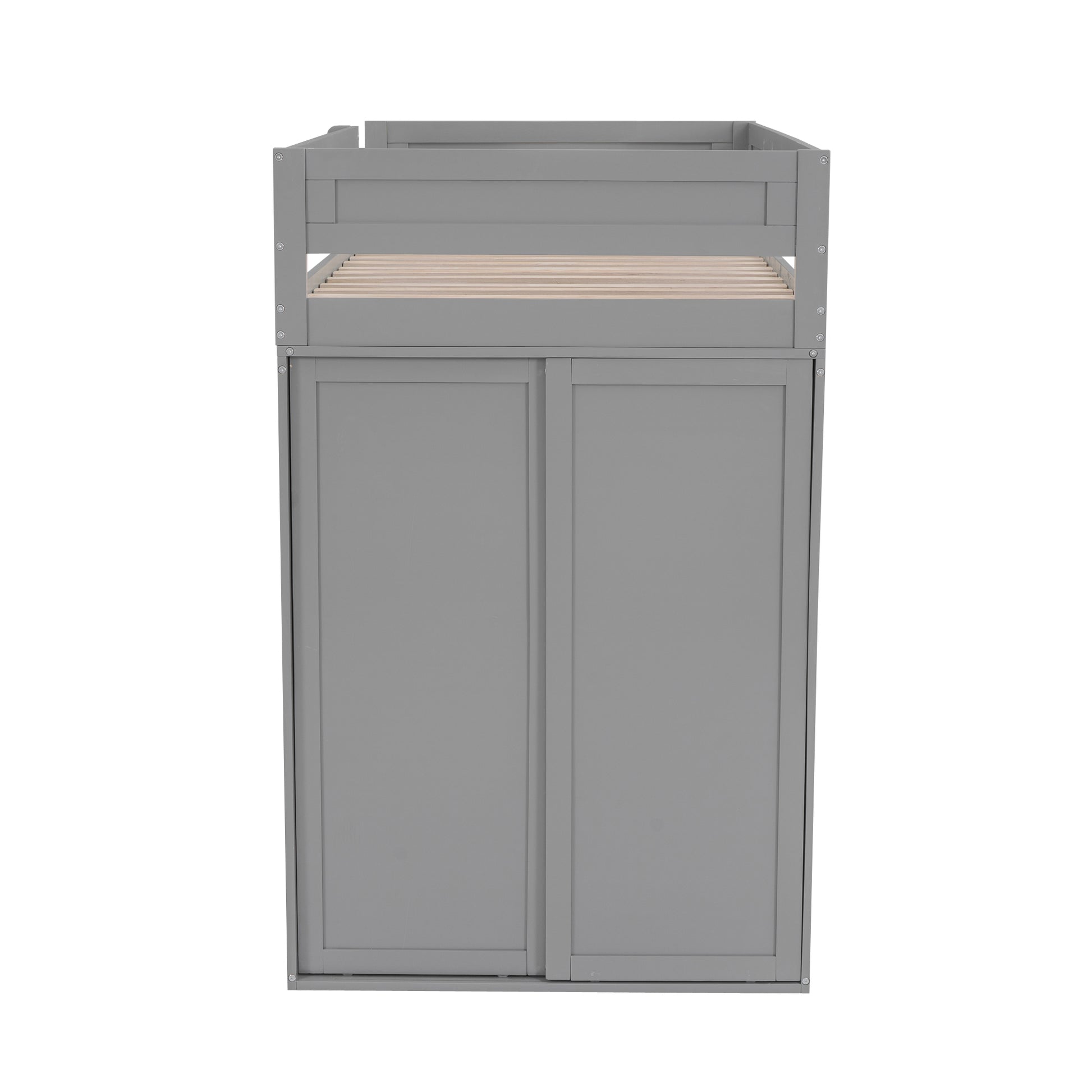 Gray loft bed frame with integrated closet doors