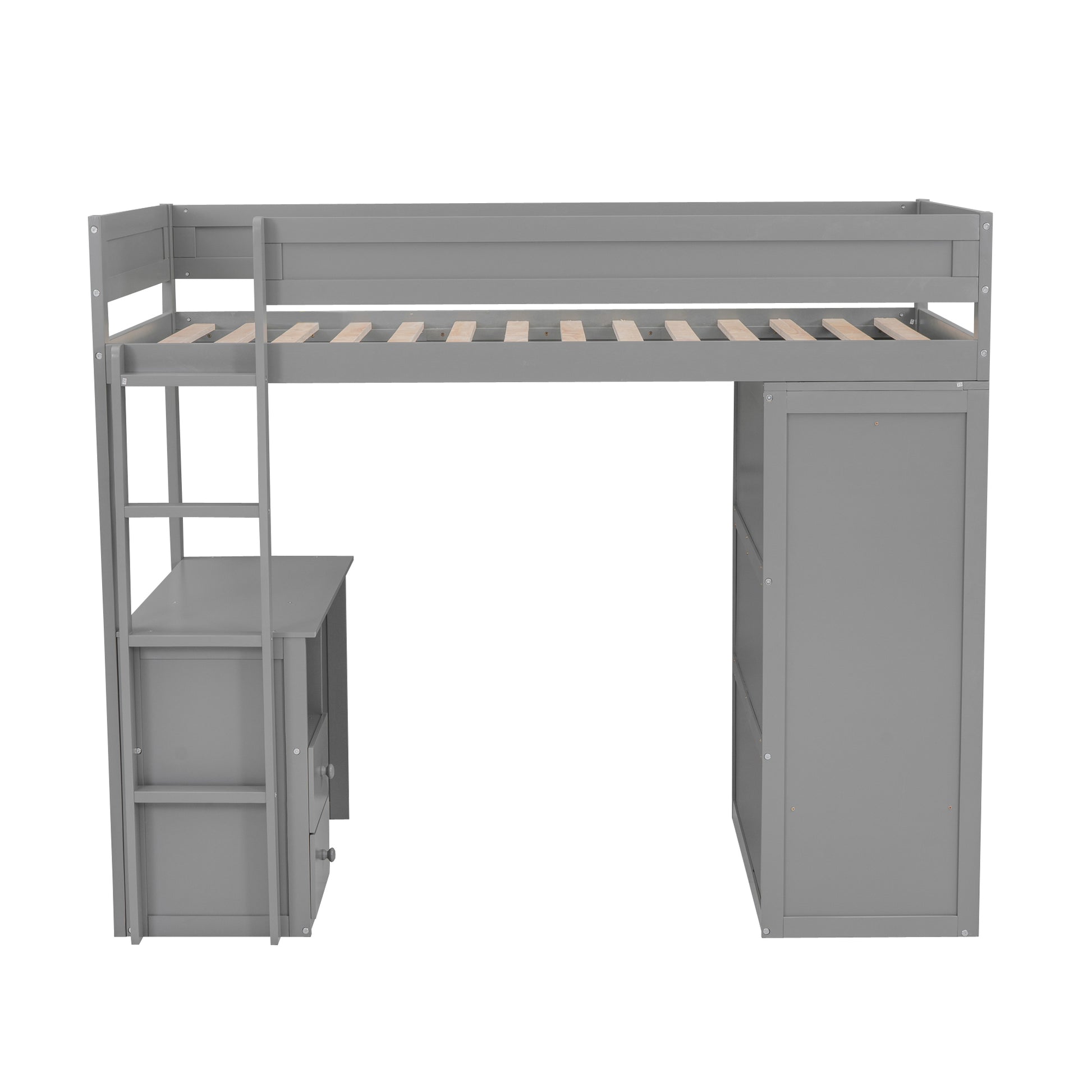 Gray loft bed with desk and shelving unit