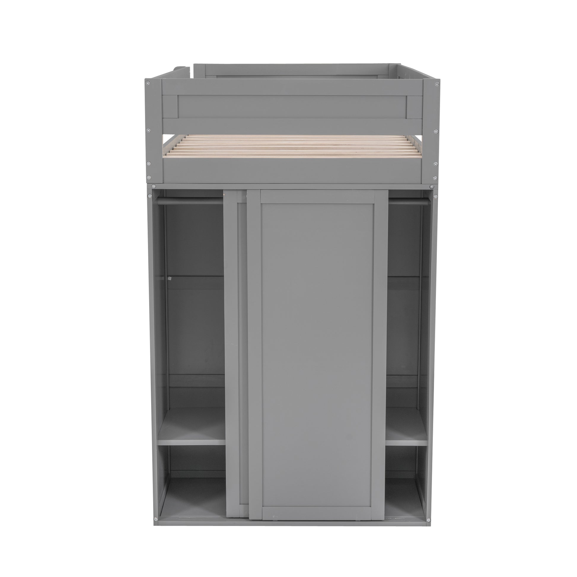 Gray loft bed with integrated wardrobe and sliding doors