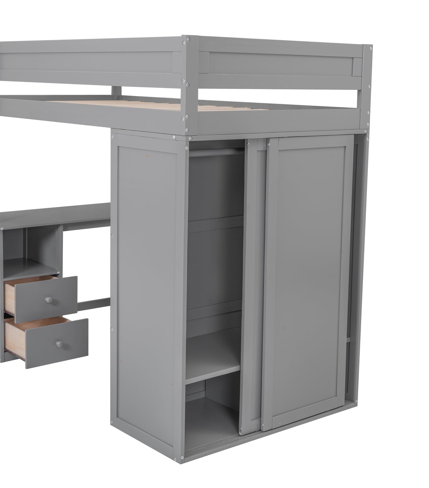 Gray loft bed with builtin desk and wardrobe