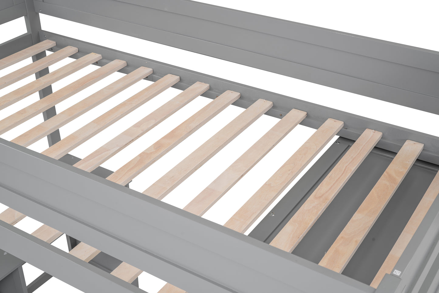 Gray wooden bunk bed frame with natural wood slats