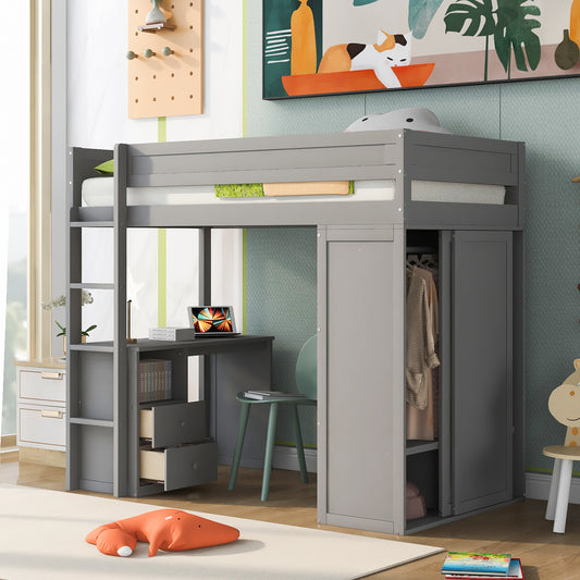 Grey loft bed with integrated desk and wardrobe