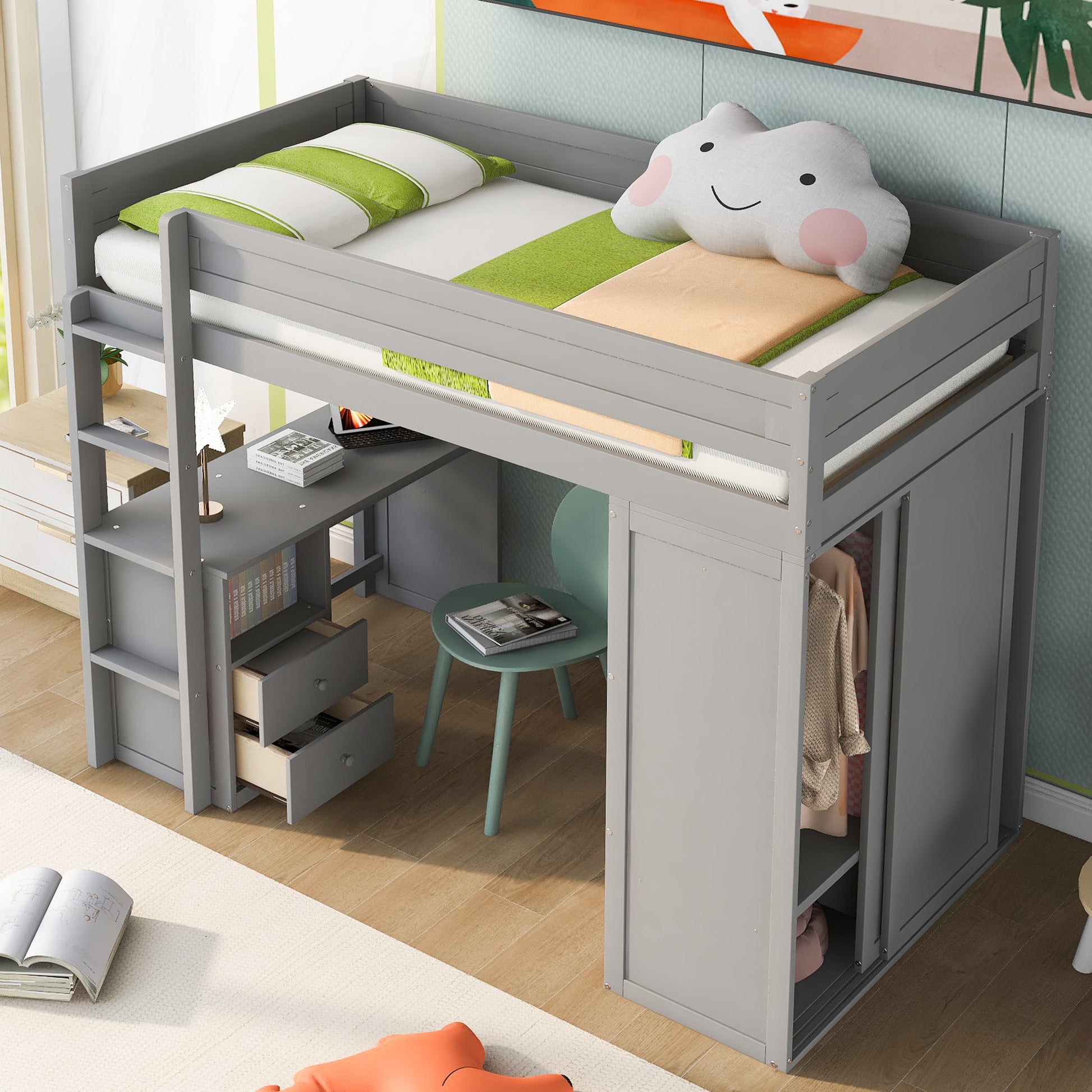 Gray loft bed with desk and wardrobe for kids room