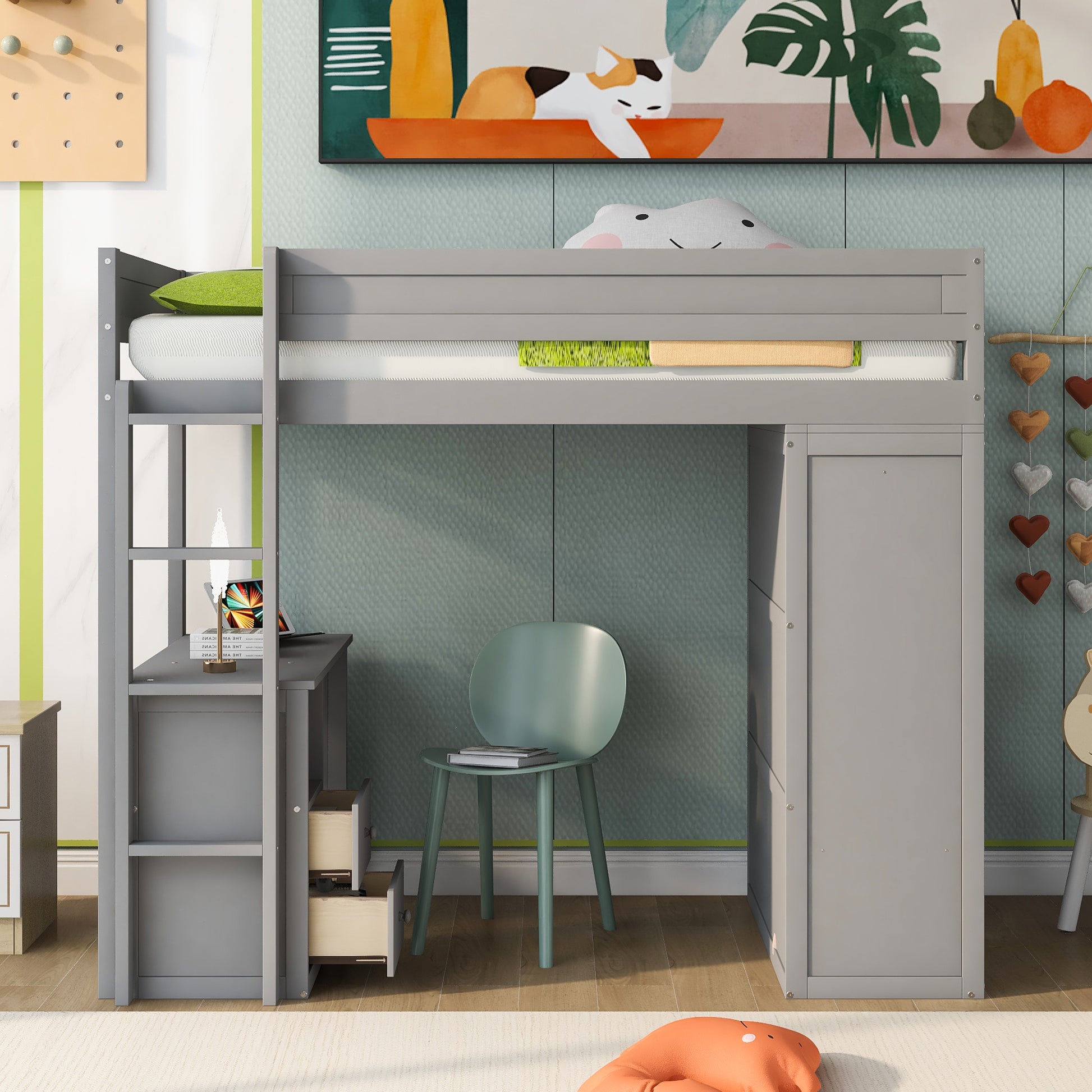 Gray loft bed with integrated desk and storage drawers for kids