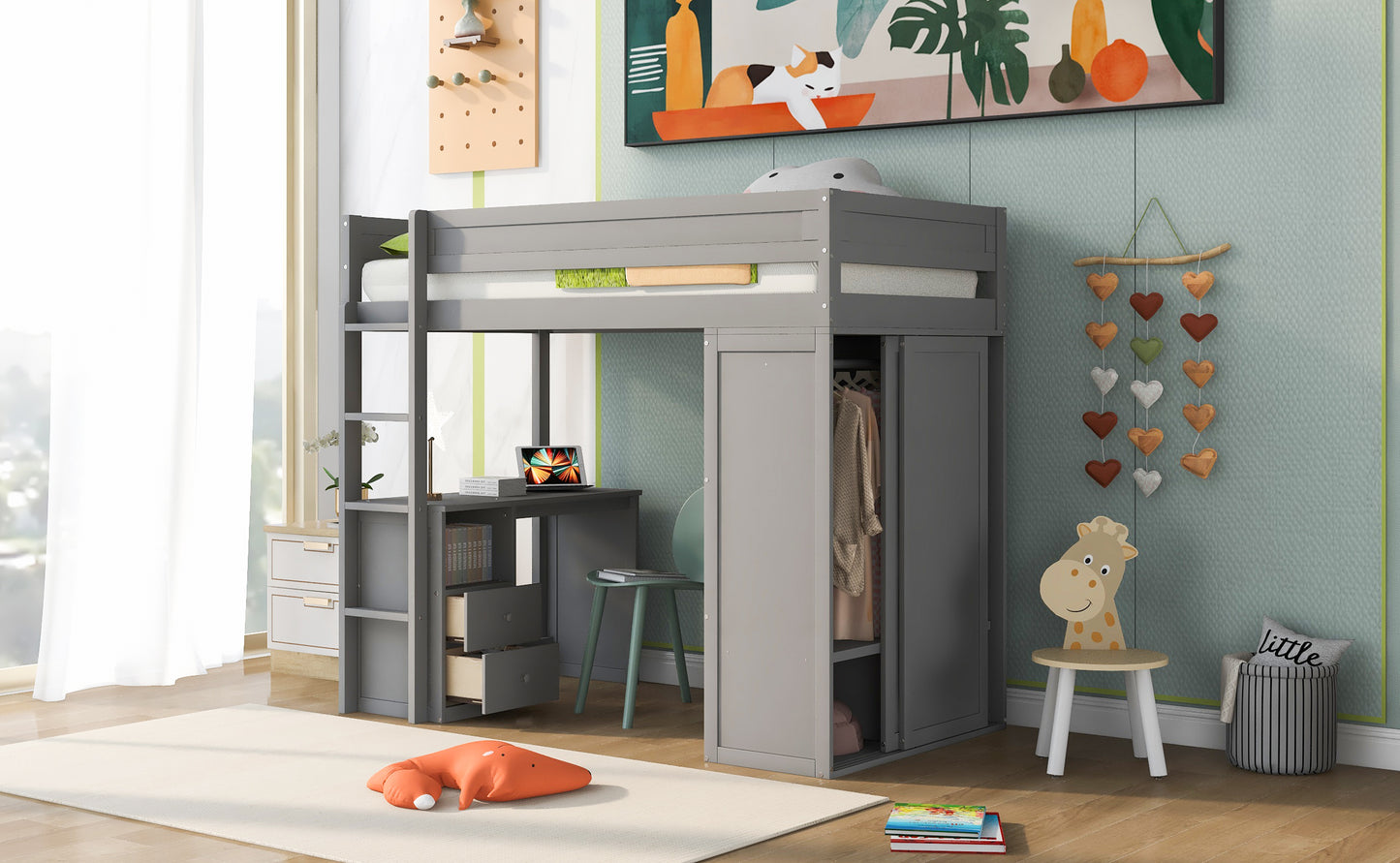 Gray loft bed with desk and closet for kids room