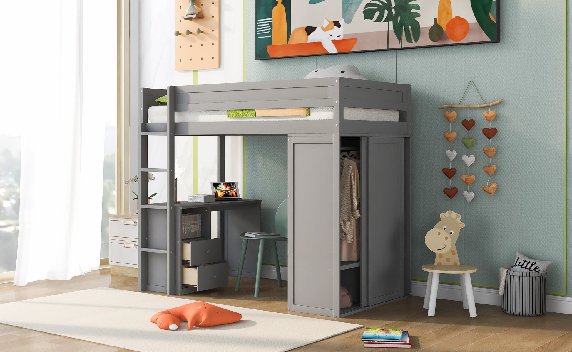Gray loft bed with desk and closet for kids room