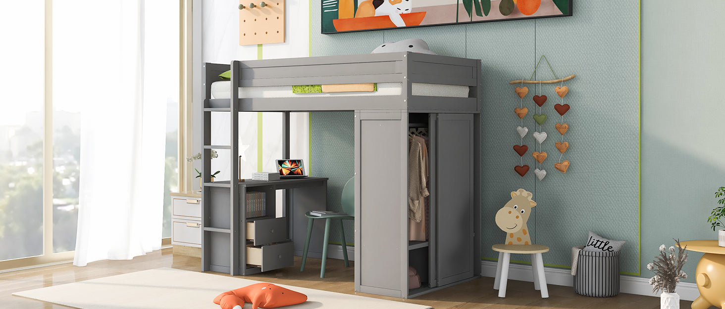 Gray loft bed with integrated desk and closet for kids