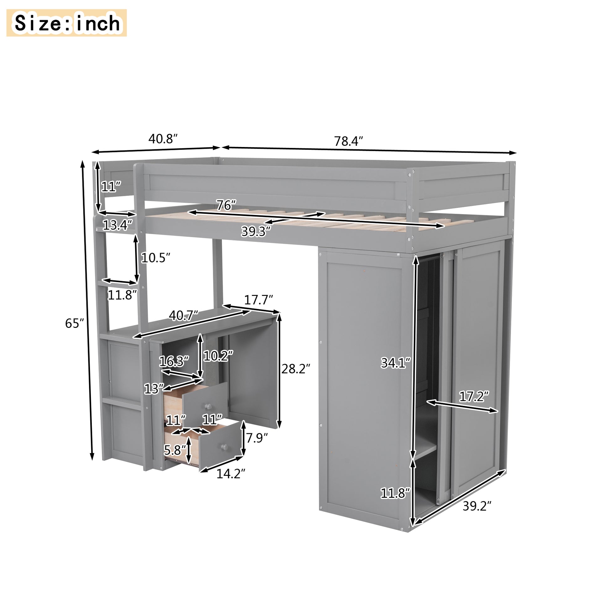 Gray loft bed with integrated desk and wardrobe