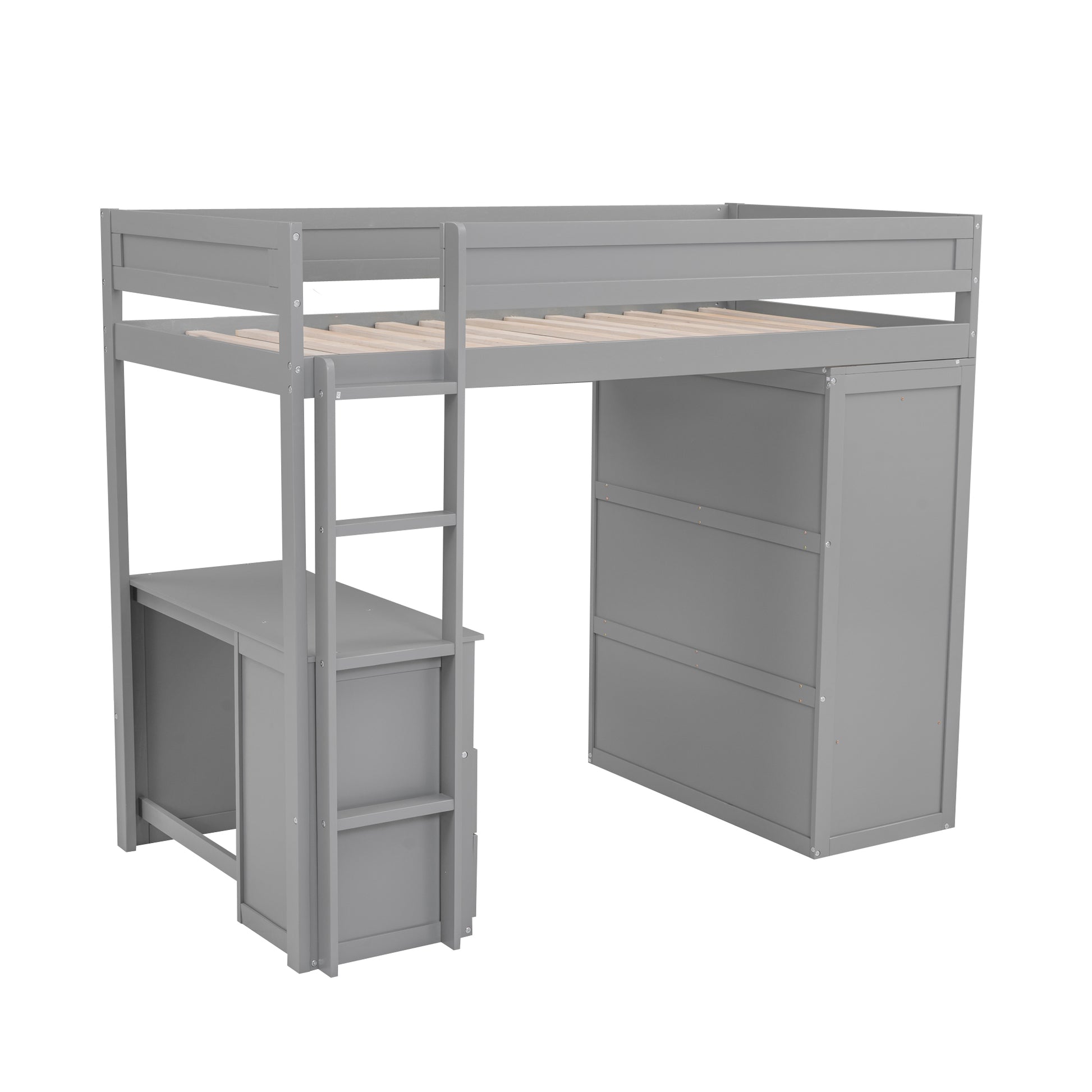 Gray loft bed with integrated desk and storage