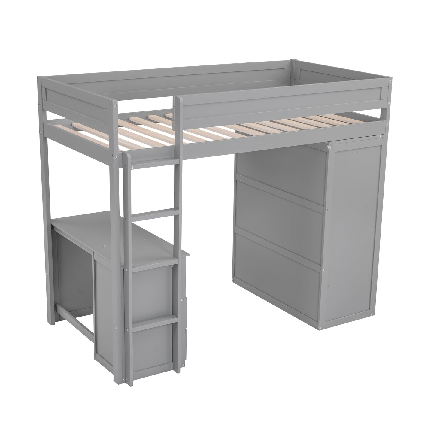 Gray loft bed with desk and storage