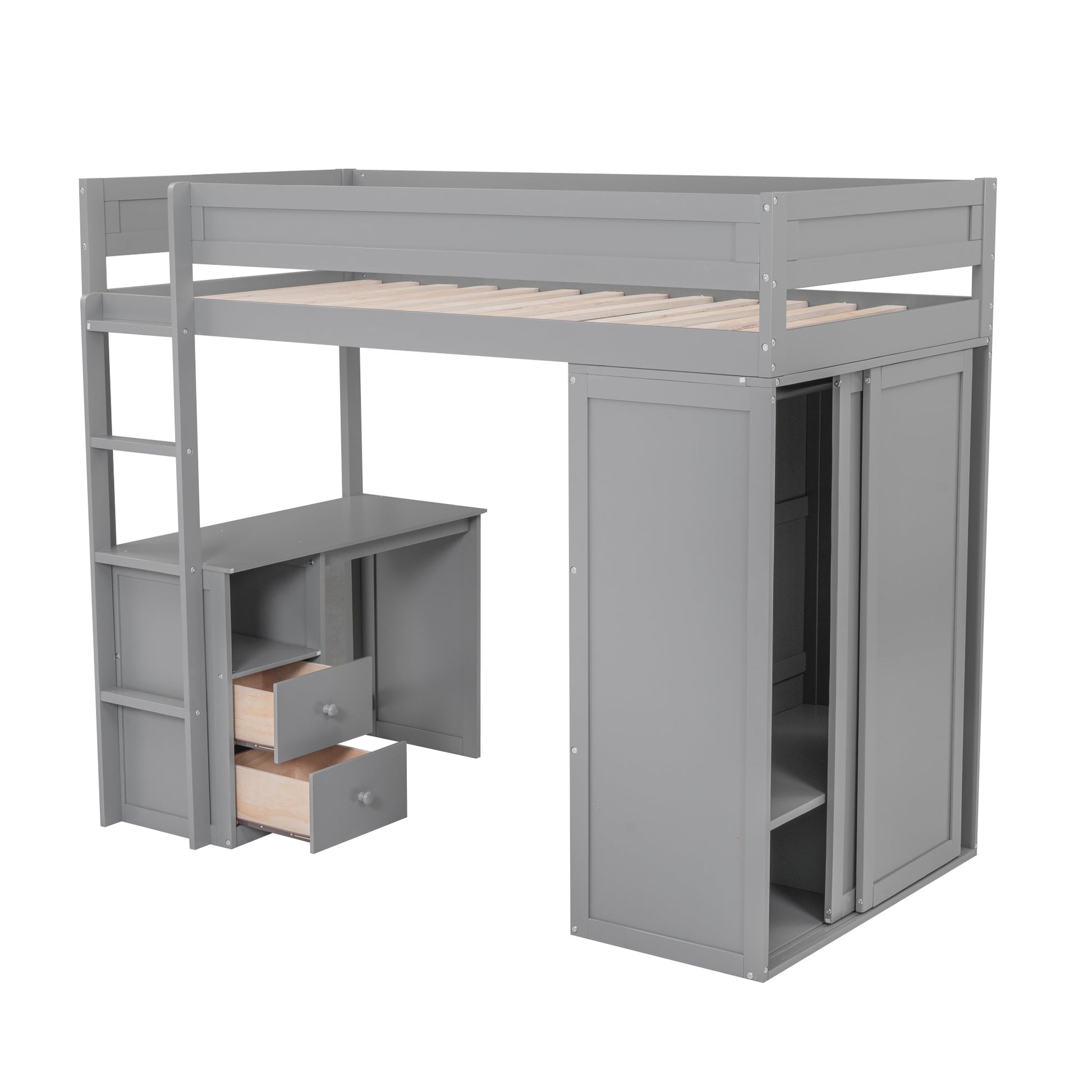 Gray loft bed with desk and builtin wardrobe