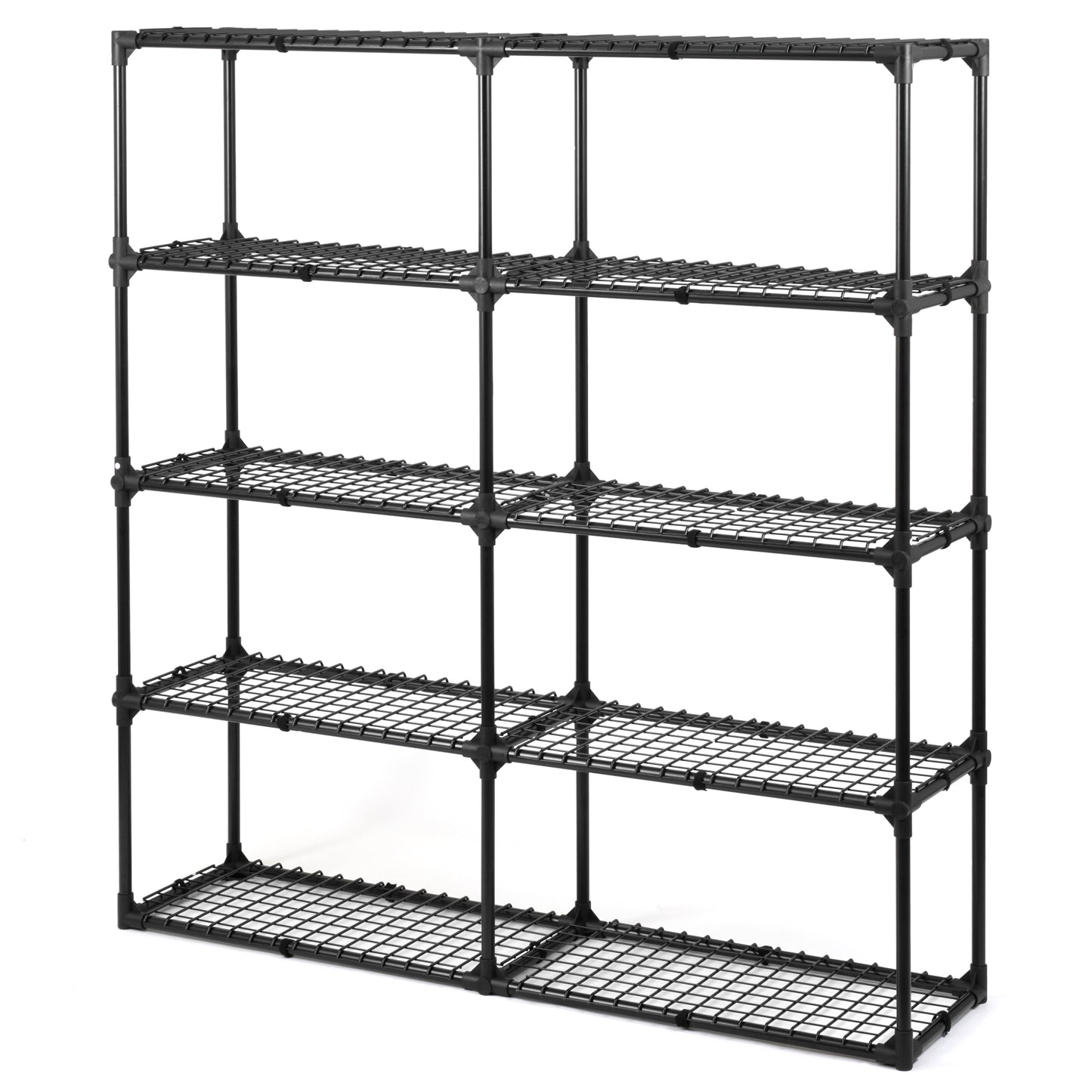 Black metal wire shelving unit with four tiers and a modular design