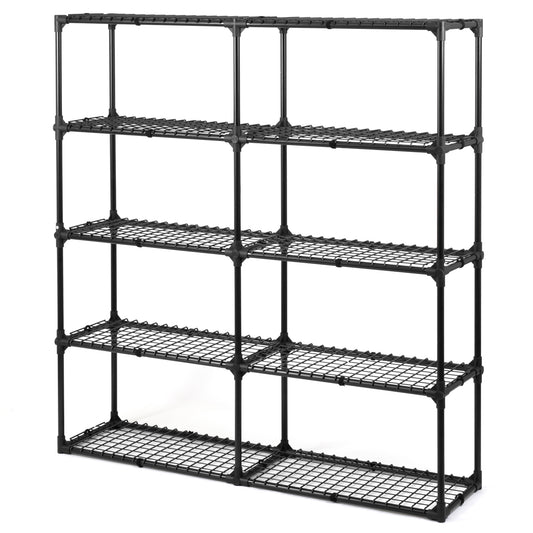 Black metal wire shelving unit with four tiers and a modular design