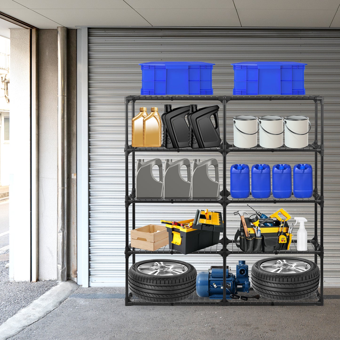 Blue plastic storage bins on a metal shelf