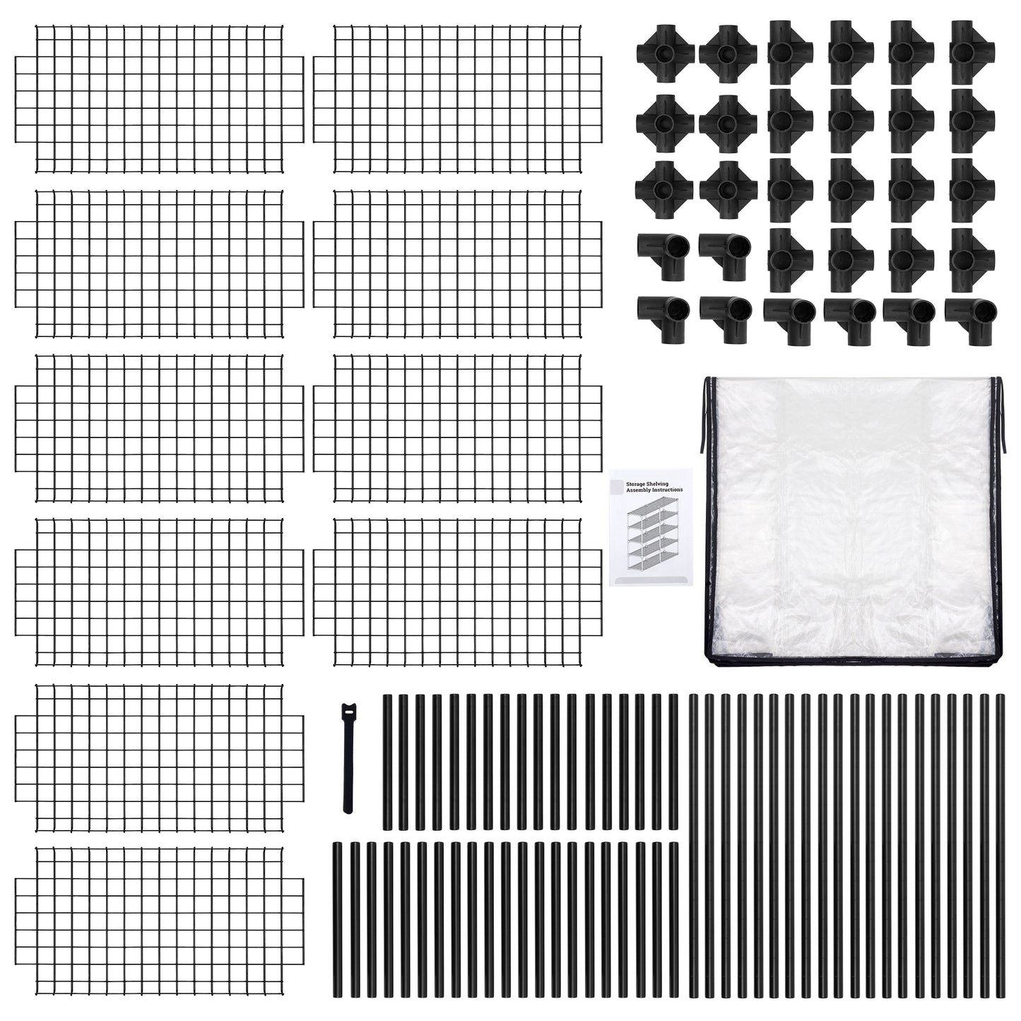 Black wire grid panels and connectors for modular shelving unit