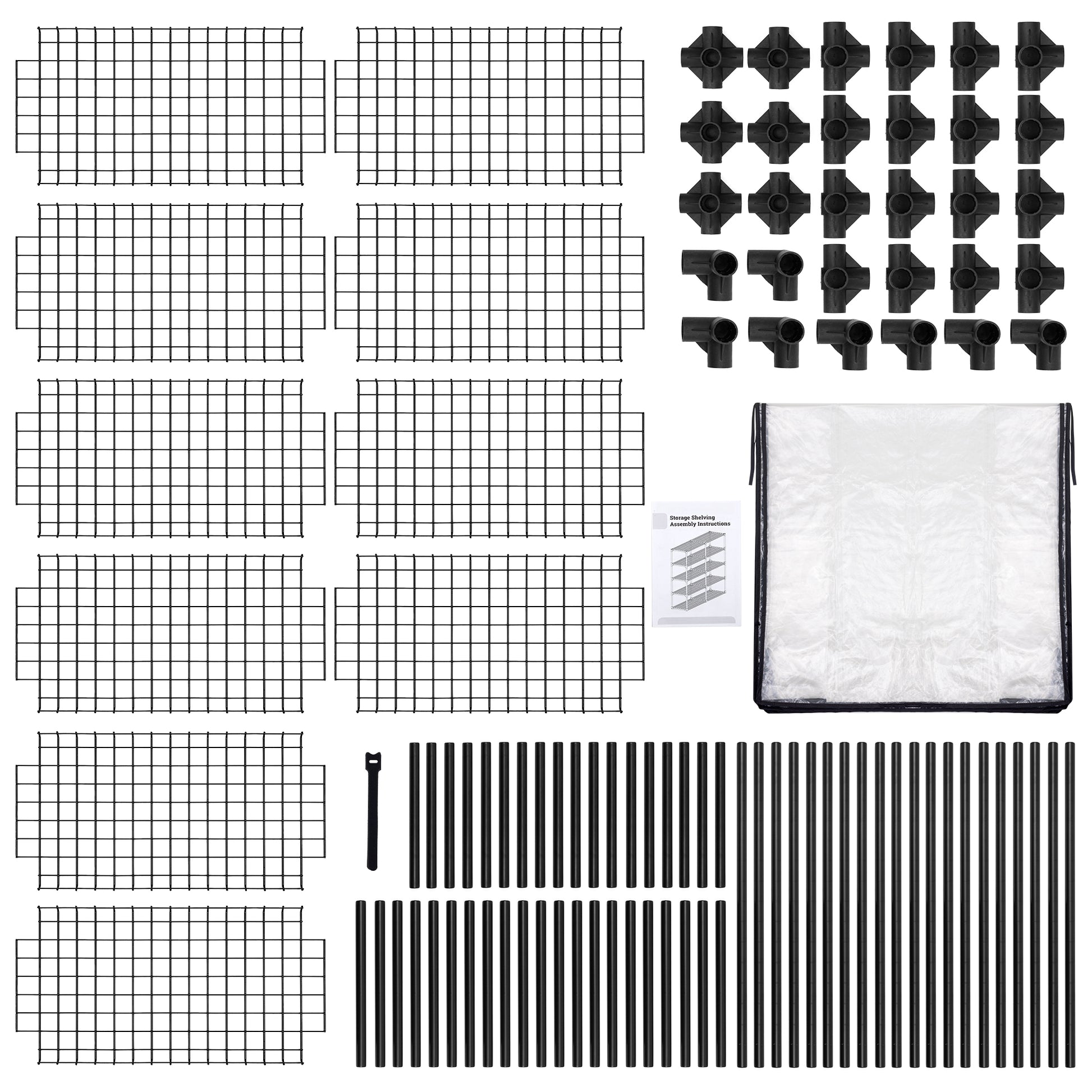 Black wire grid panels and connectors for modular shelving unit