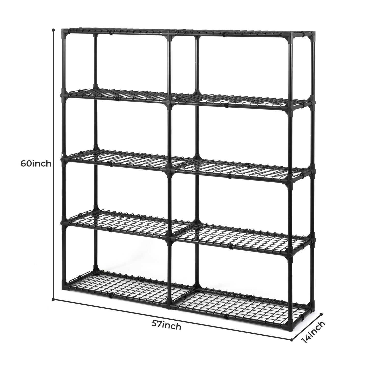 Black tier wire shelving unit with modular connectors