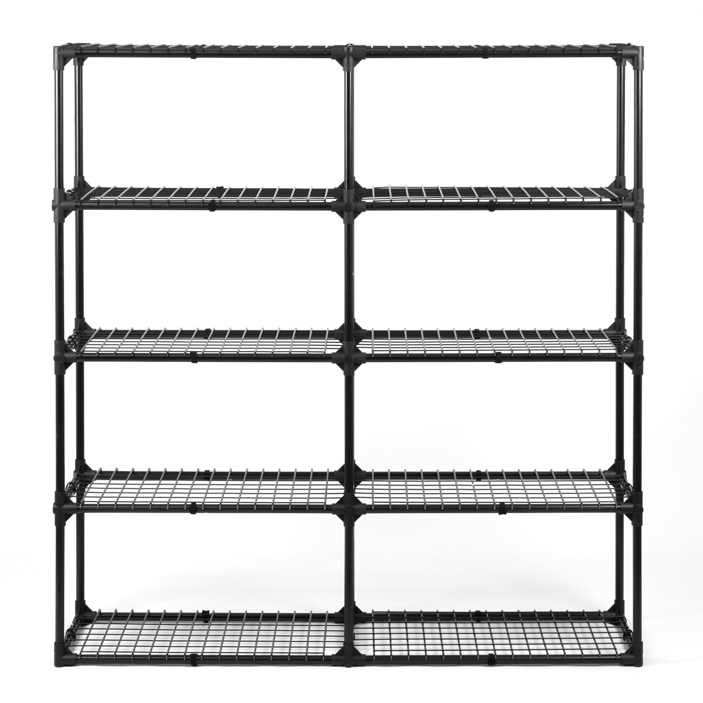 Black wire shelving unit with four tiers