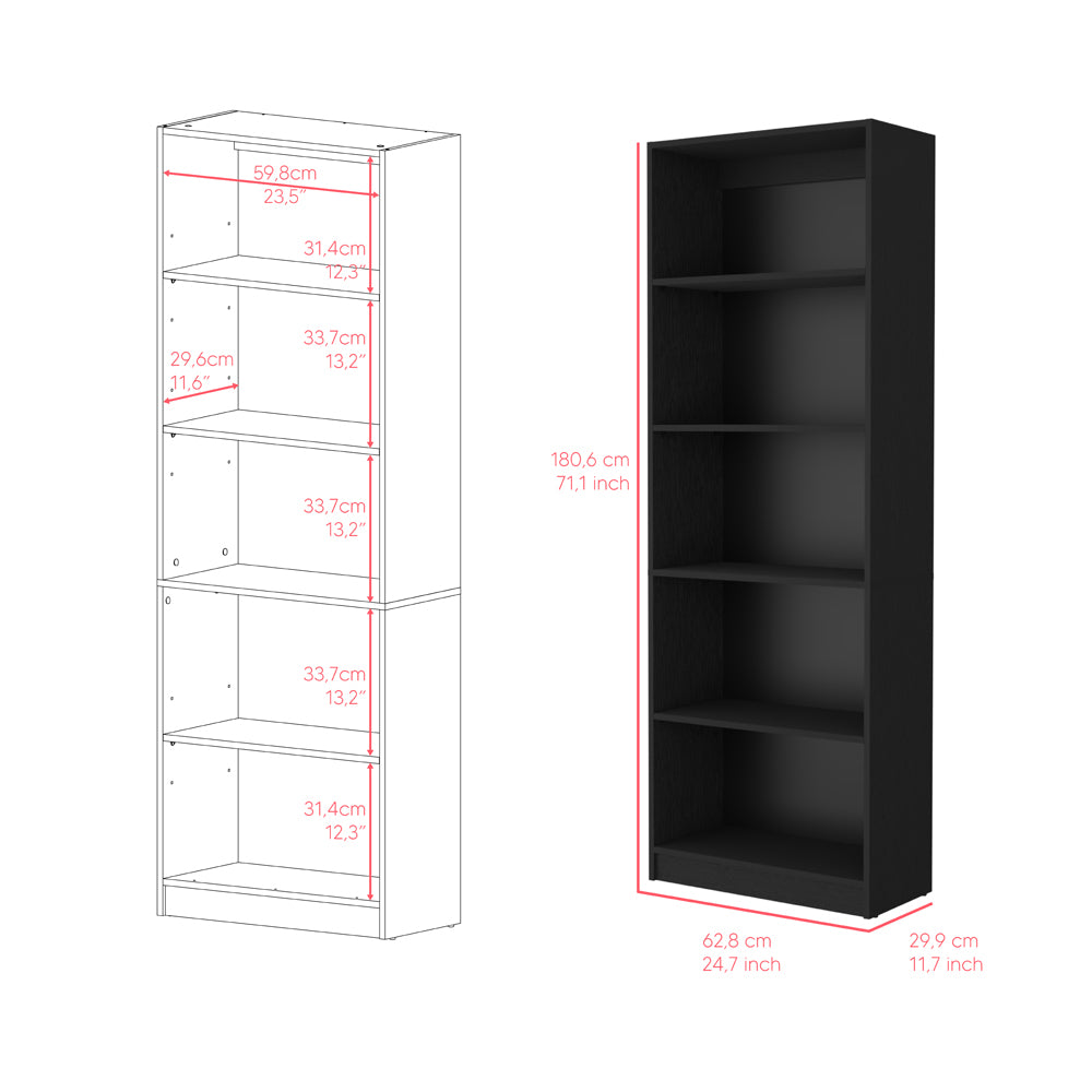 Black fiveshelf bookcase with dimensions shown
