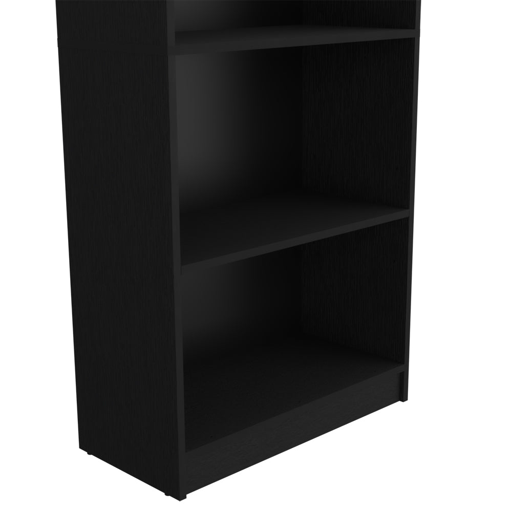 Black laminate bookshelf with two open shelves