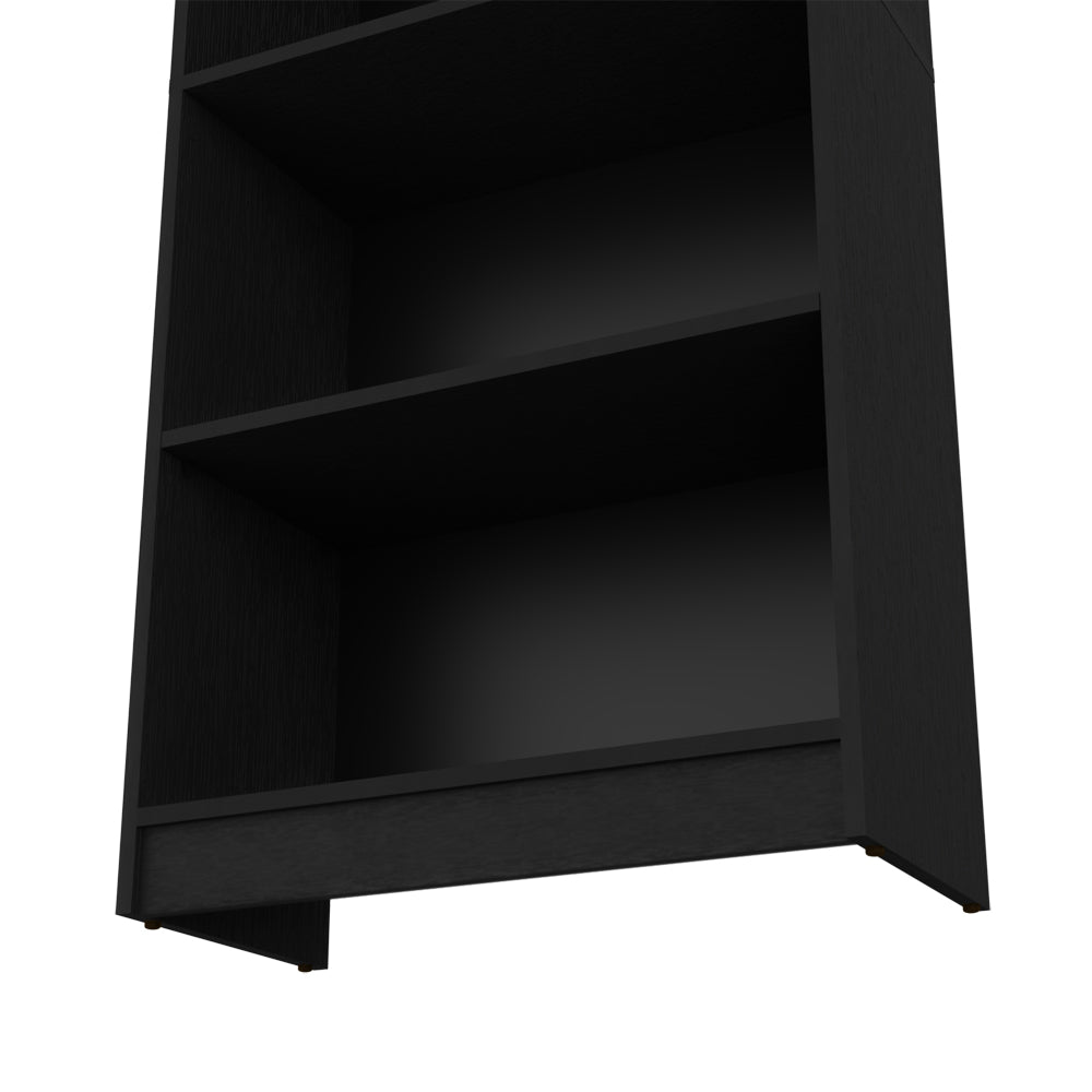 Closeup of a modern black wood bookshelf with three open shelves