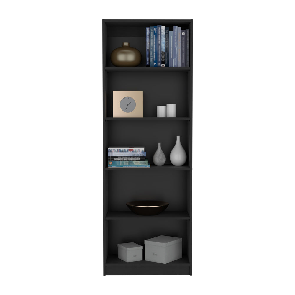 Tall black bookshelf with decorative items and storage boxes