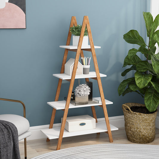 Wooden Aframe ladder shelf with white shelves for home decor