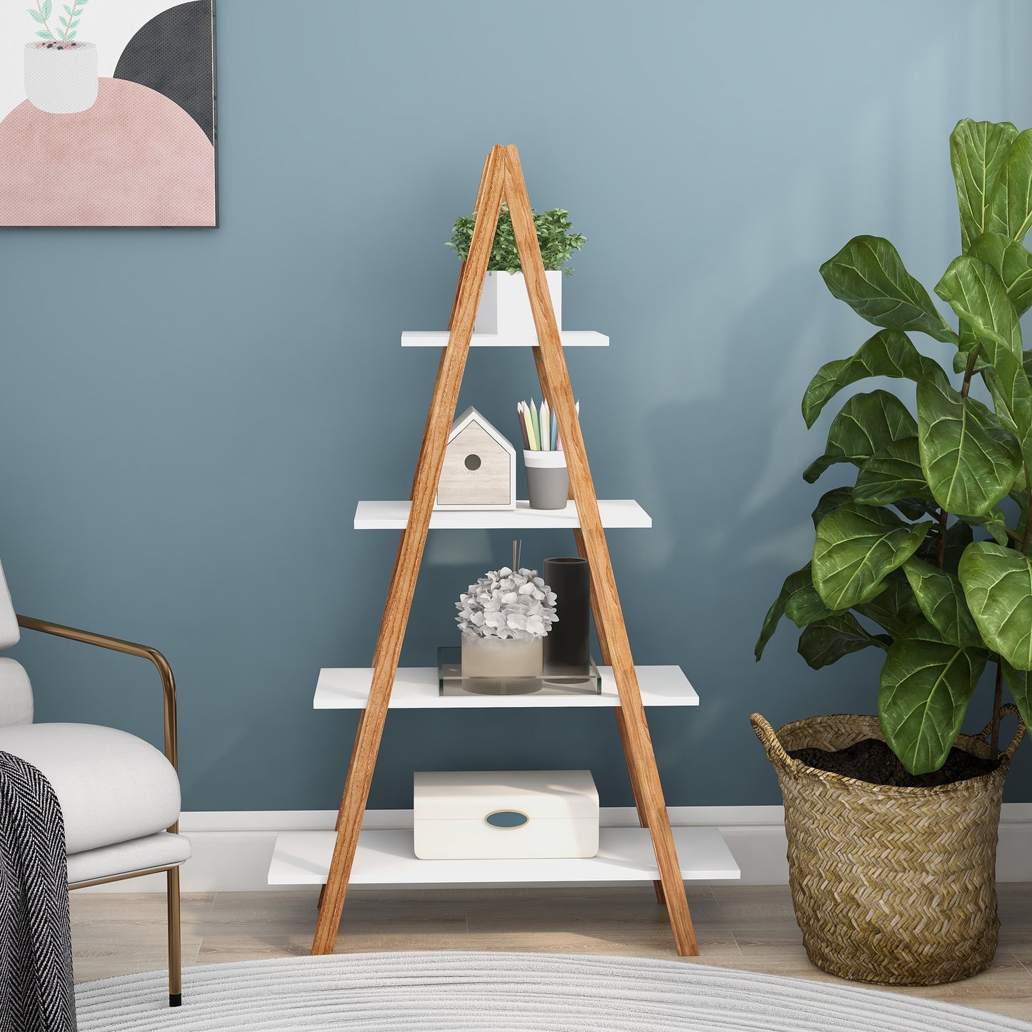 Modern Aframe bookshelf with white shelves and natural wood accents for stylish home decor
