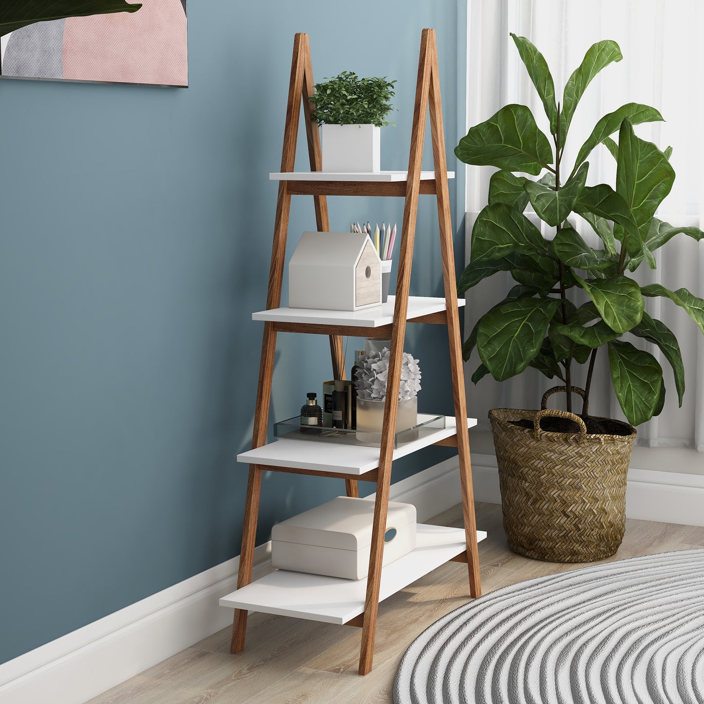 Fourtier ladder shelf with white shelves and wood frame