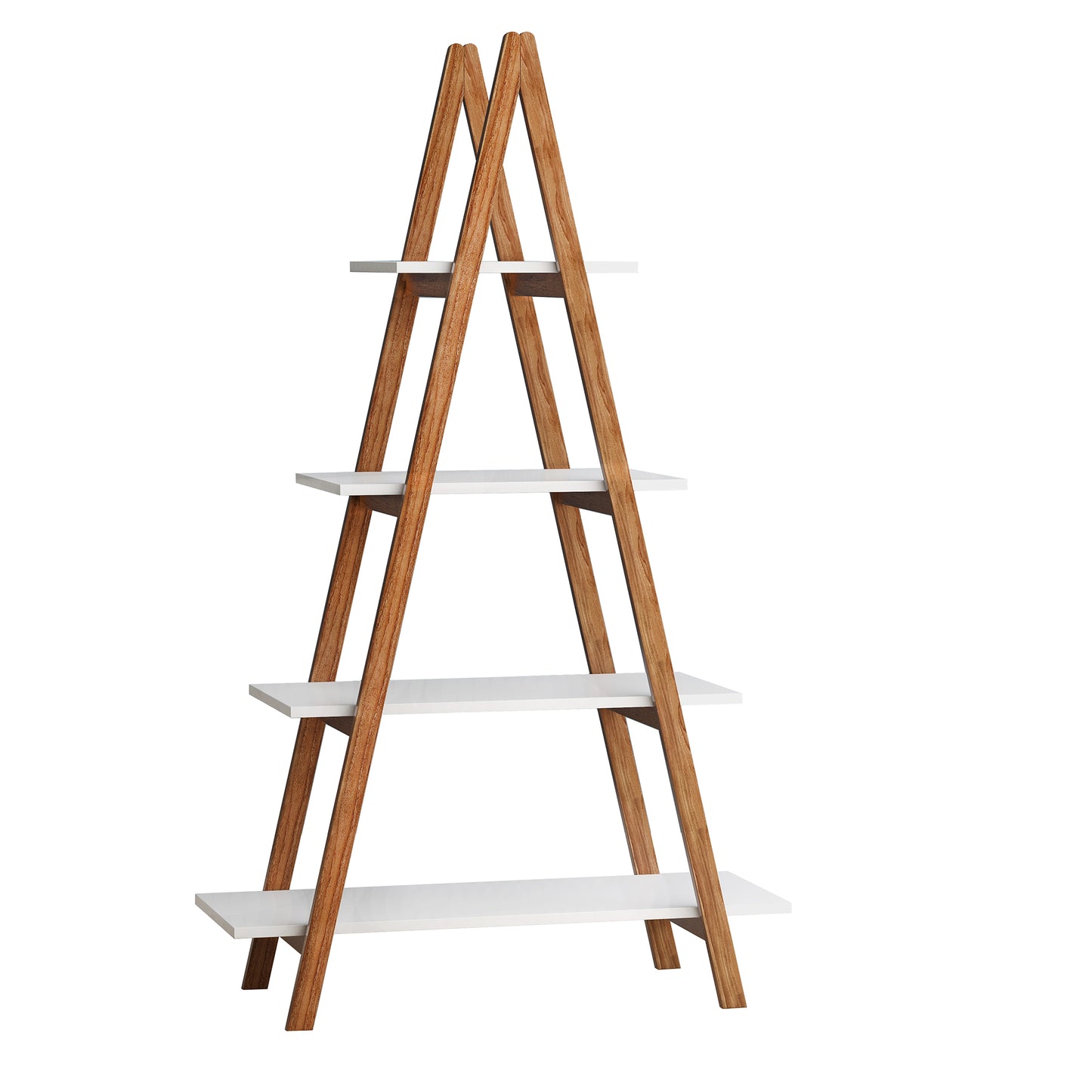 Aframe ladder shelf with white shelves and wooden supports