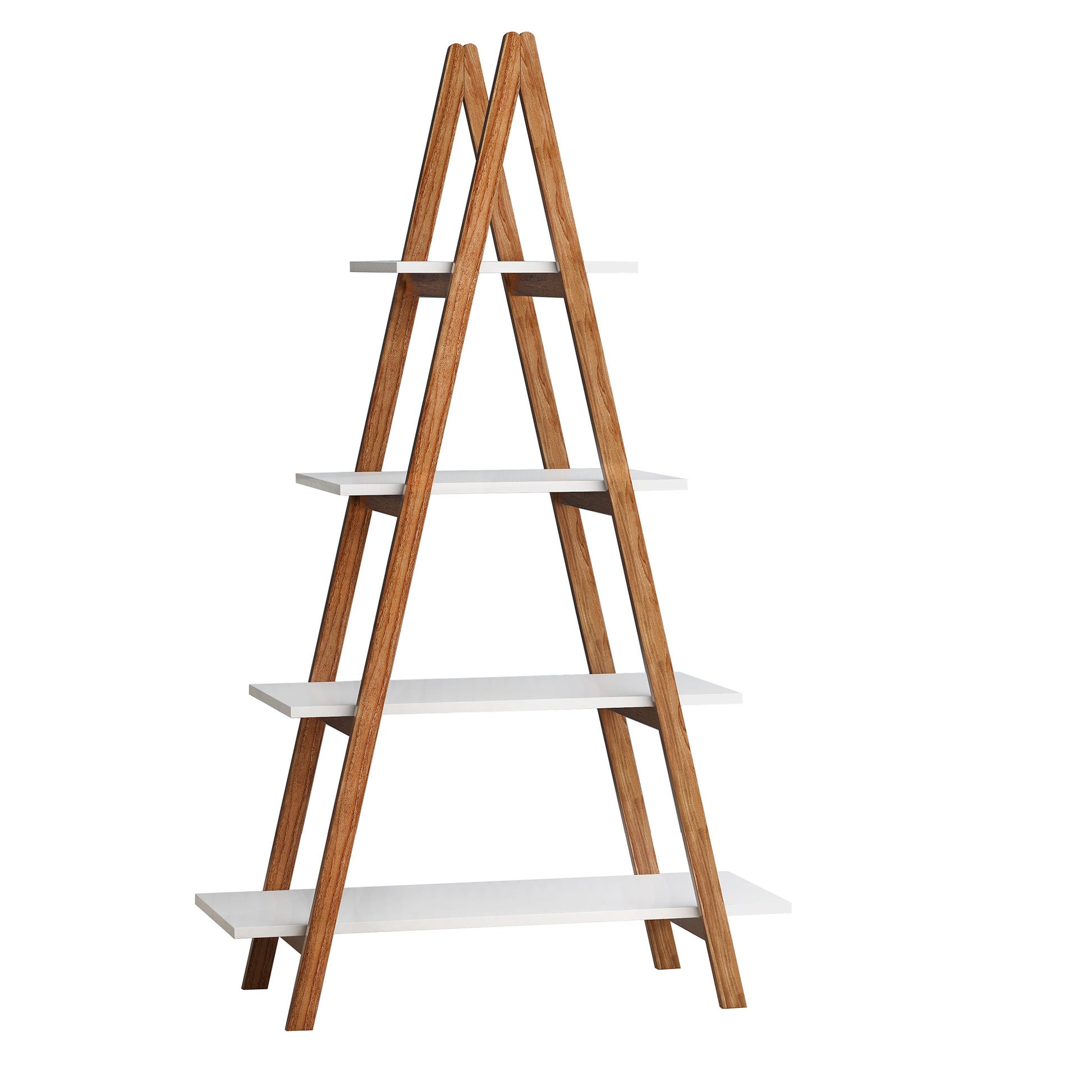 Aframe ladder shelf with white shelves and wooden supports
