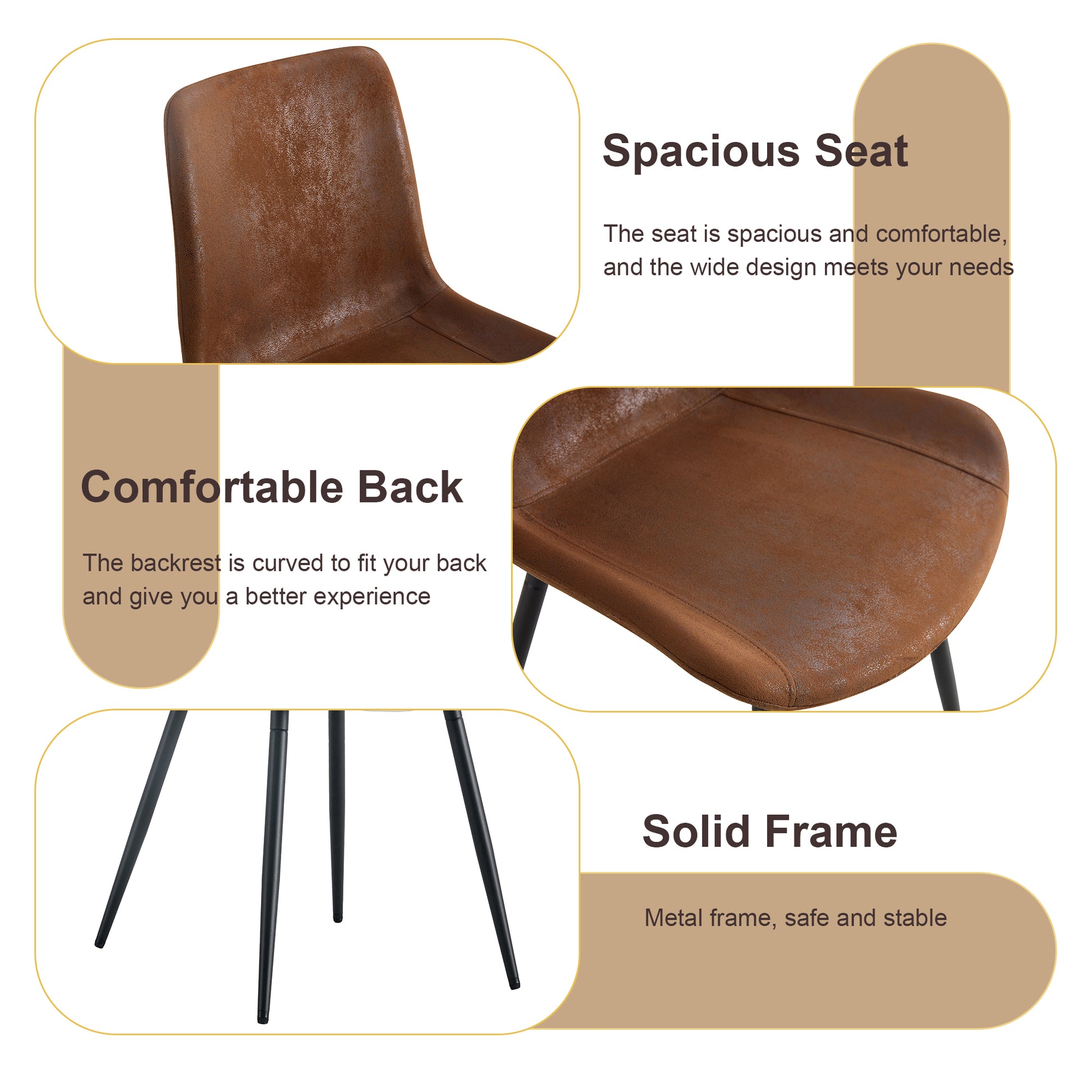 Brown faux leather dining chair with a curved backrest and metal legs
