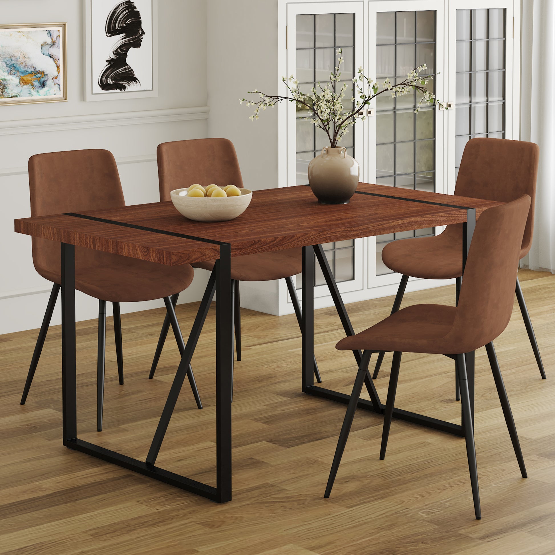 Modern dining table with rich walnut veneer top and black metal legs seating four