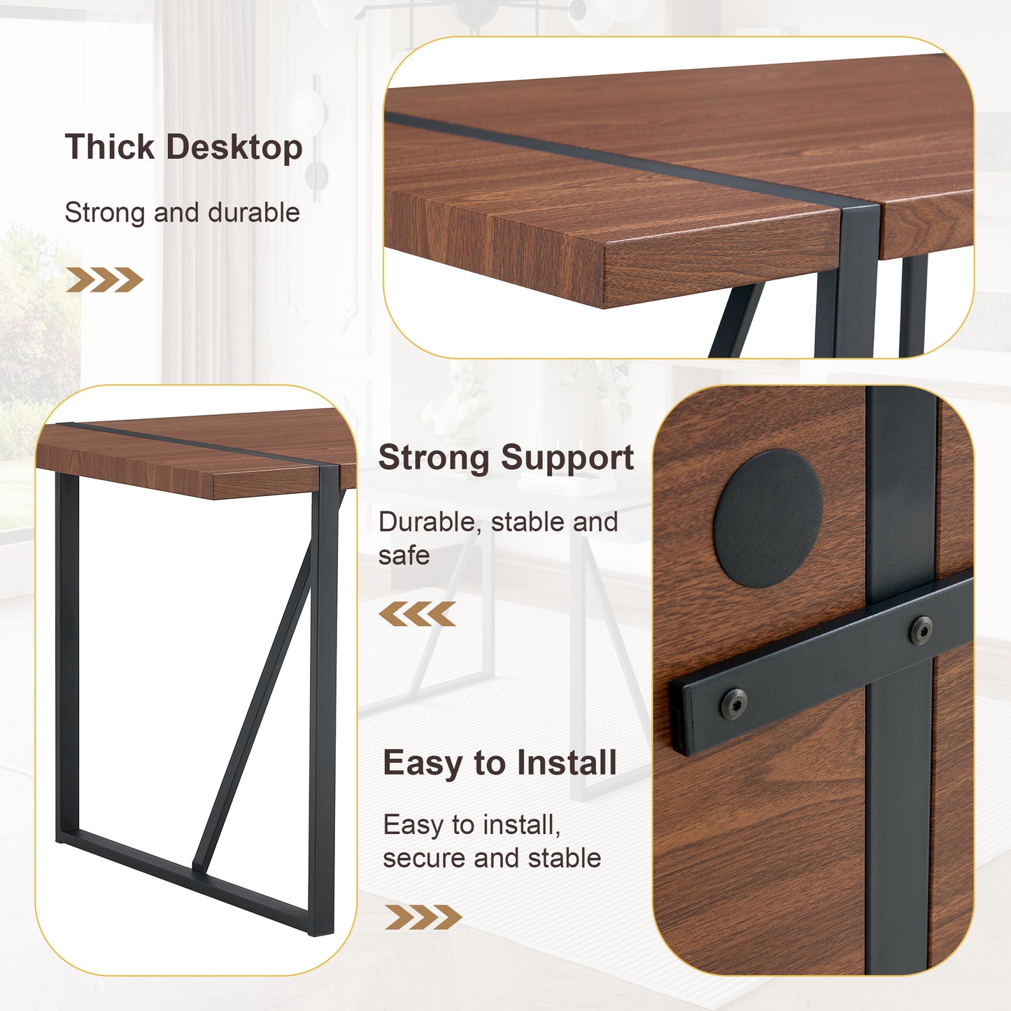 Thick walnut veneer desktop with matte black metal frame