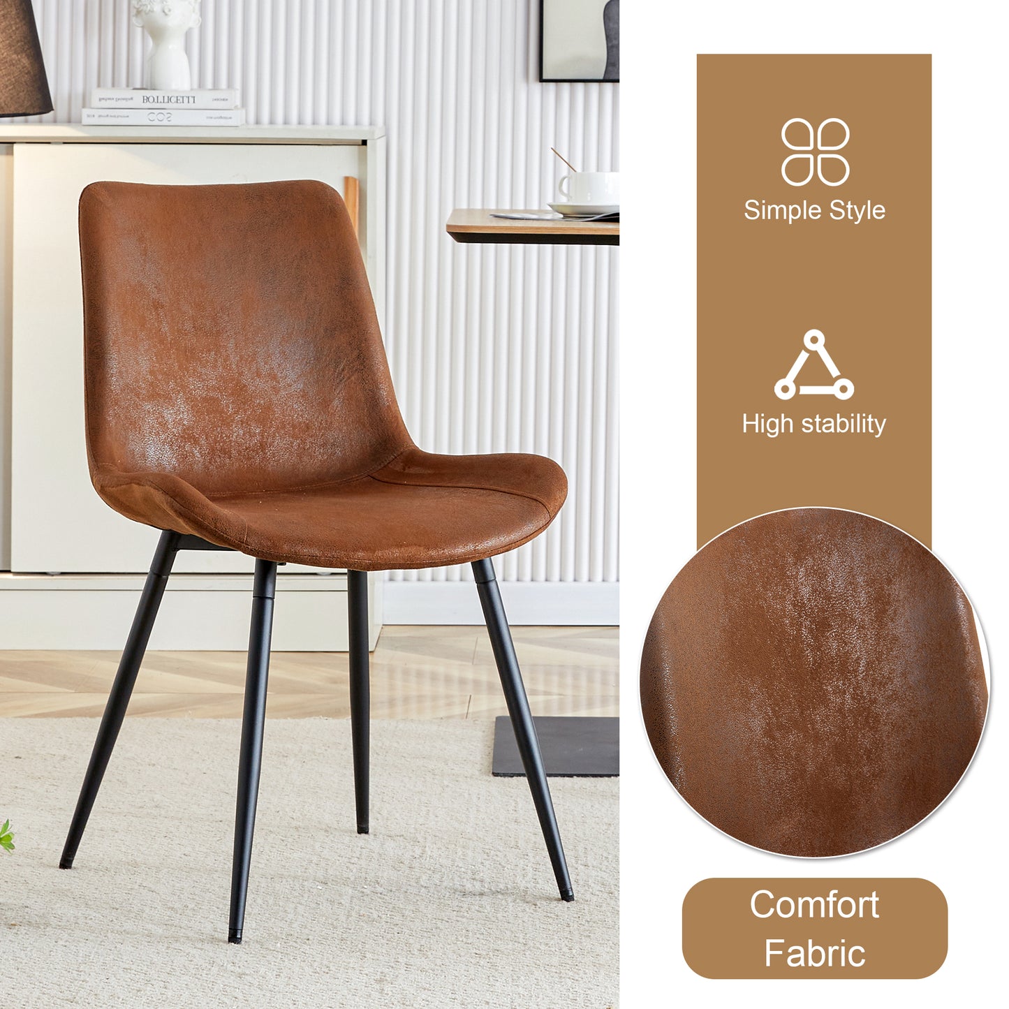 Brown upholstered dining chair with black metal legs and a textured finish
