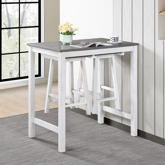 White and grey farmhouse bar table with two stools tucked underneath