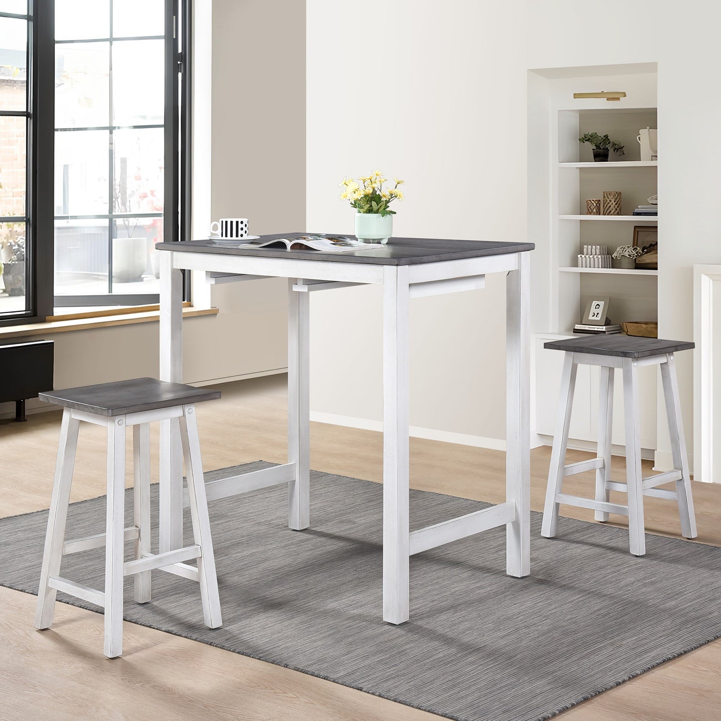 Twotone grey and white counterheight dining set with stools