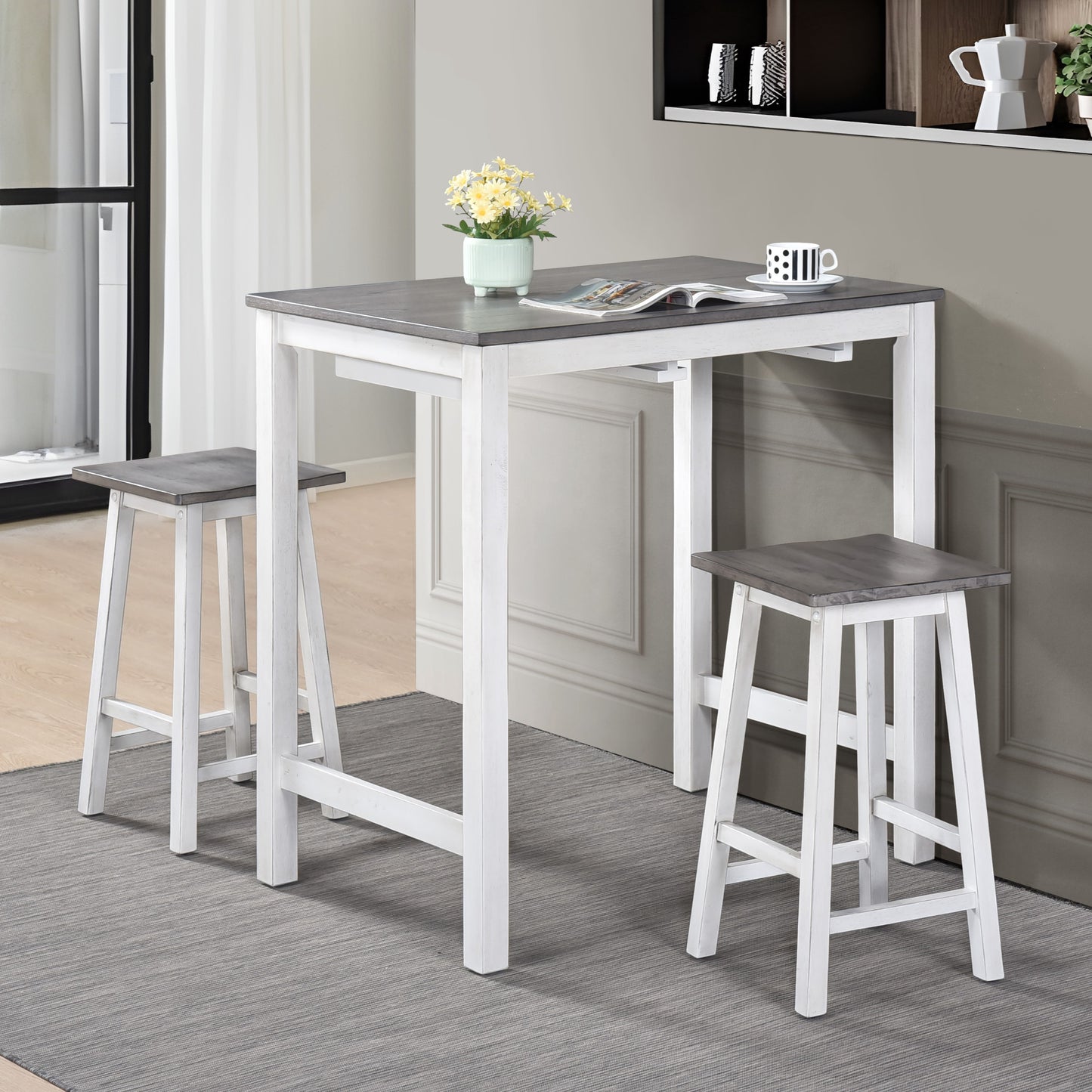 White and grey counter height table and two stools set