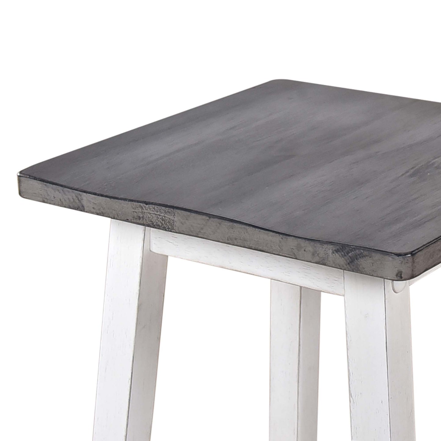 Closeup of rustic gray wood top bar stool seat with white base