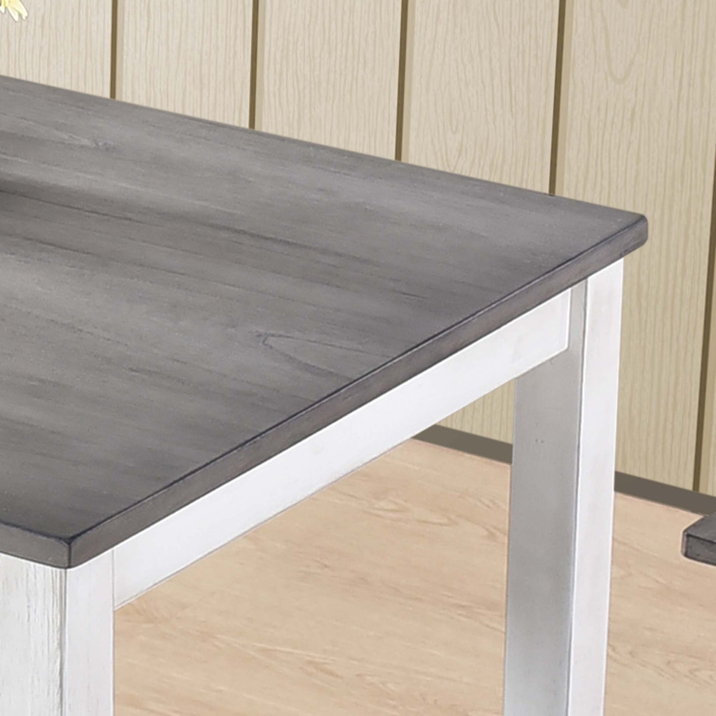Rustic gray wood dining table with white pedestal legs