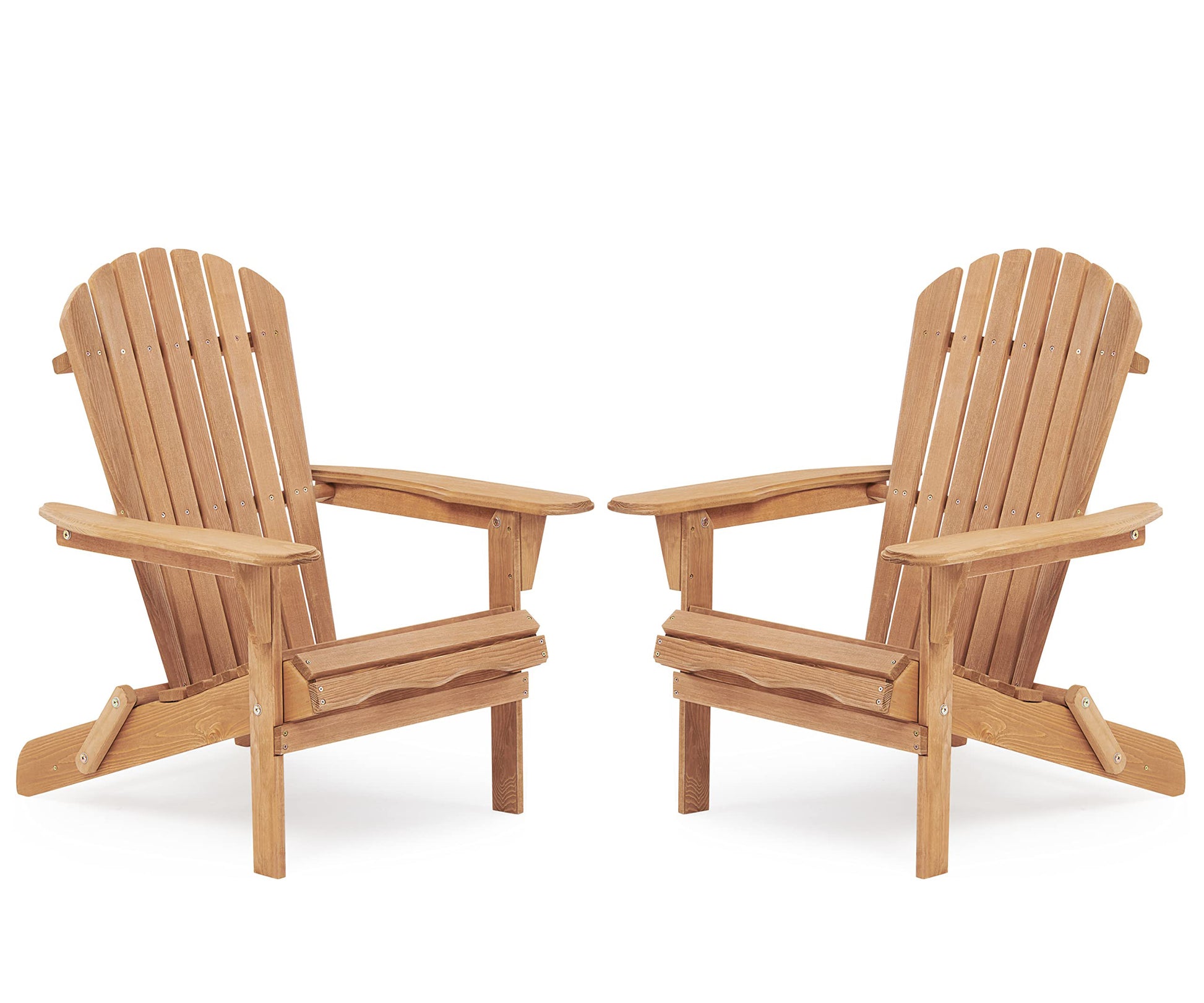 Two natural wood adirondack chairs are shown from the front perfect for outdoor relaxation