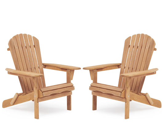 Two natural wood adirondack chairs are shown from the front perfect for outdoor relaxation