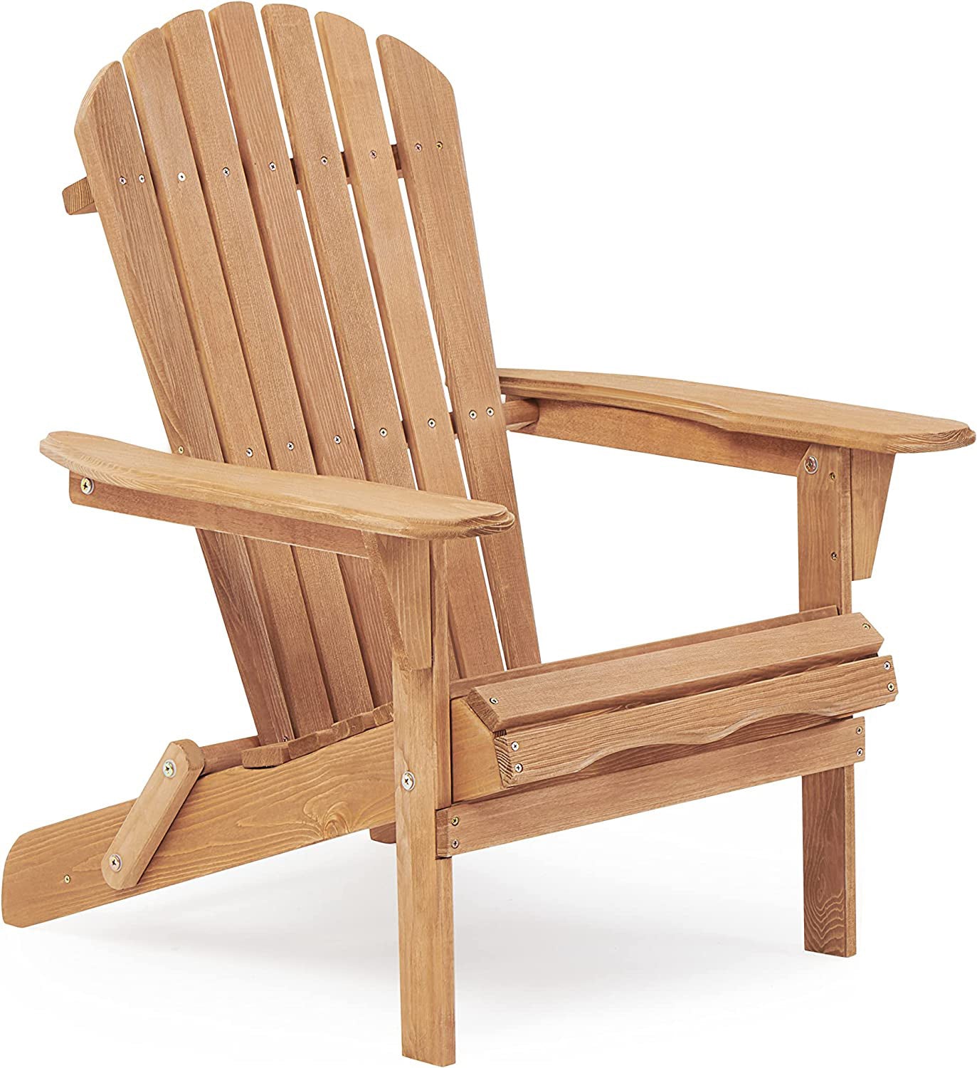 Wooden Adirondack chair with slatted back and wide armrests