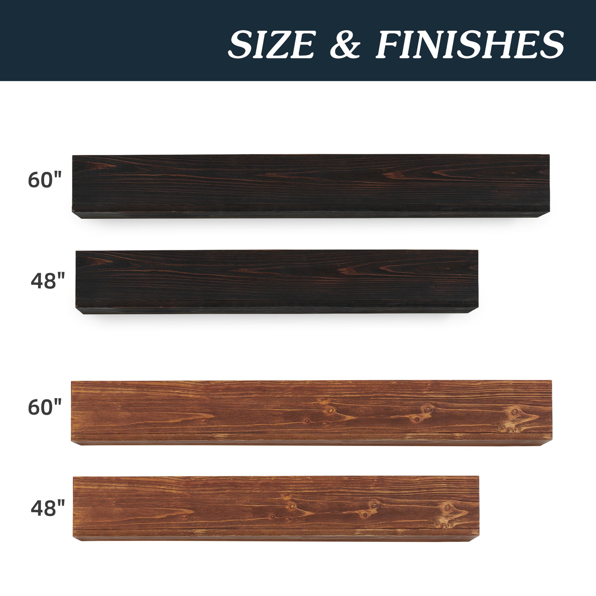 Dark stained inch floating wood shelf with visible grain