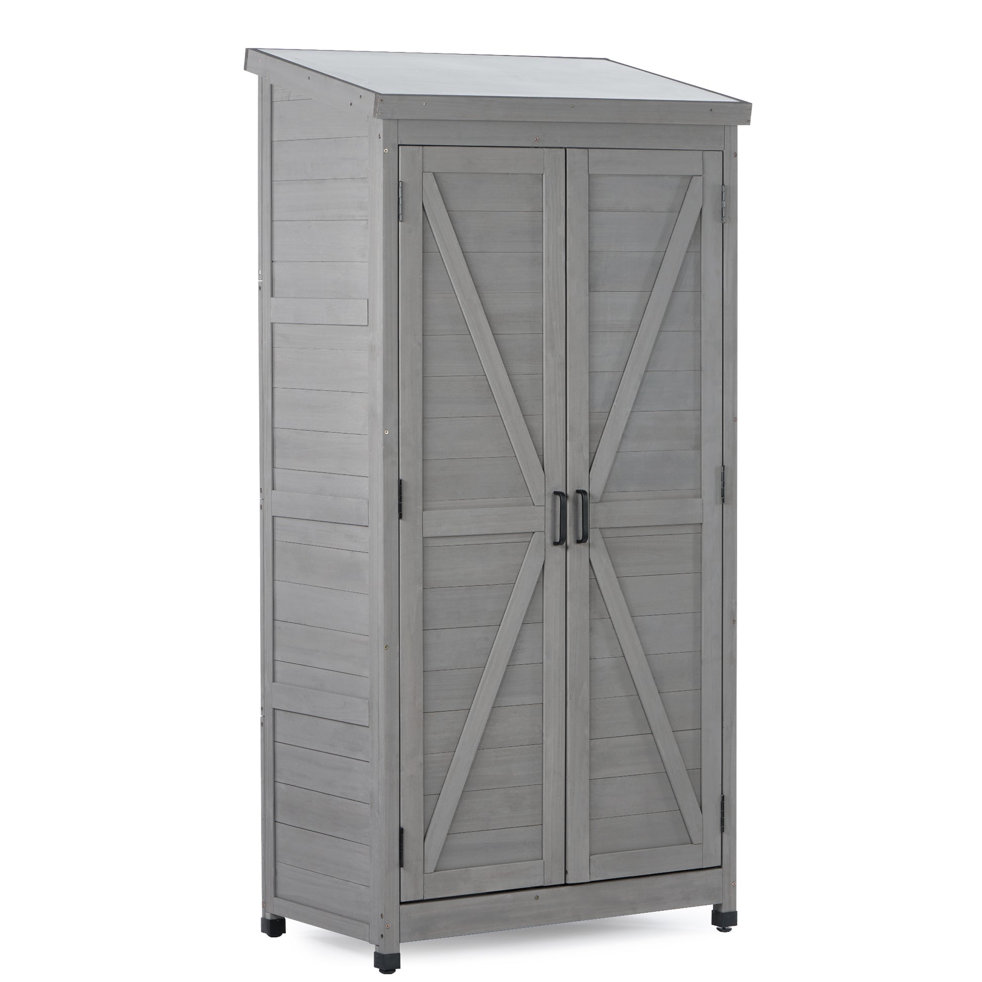 Gray wooden outdoor storage shed with barnstyle double doors and sloped roof