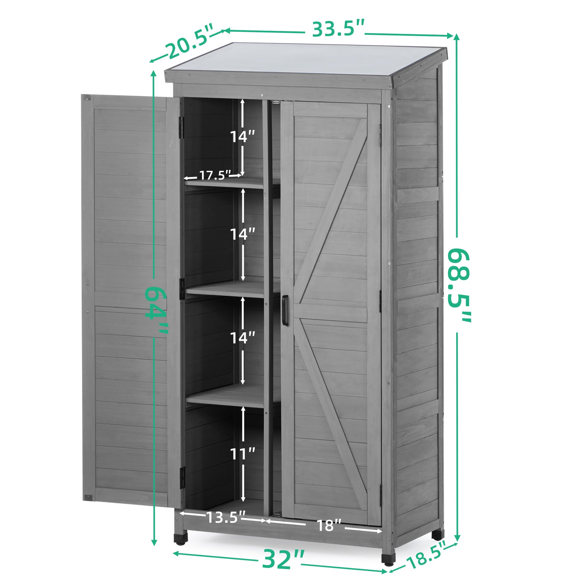 Gray wooden outdoor storage cabinet with double doors and adjustable shelves
